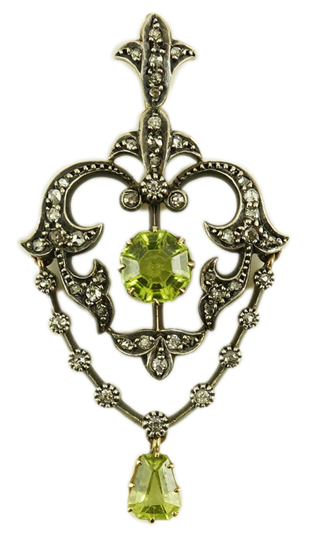 A Victorian gold and silver, peridot and diamond cluster set articulated drop pendant